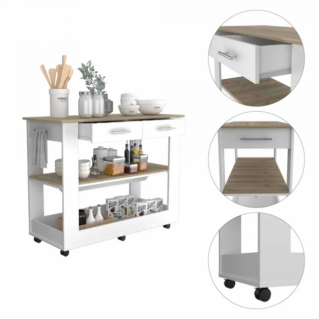 White kitchen island with drawers shelves and casters featuring tableware and plant design elements