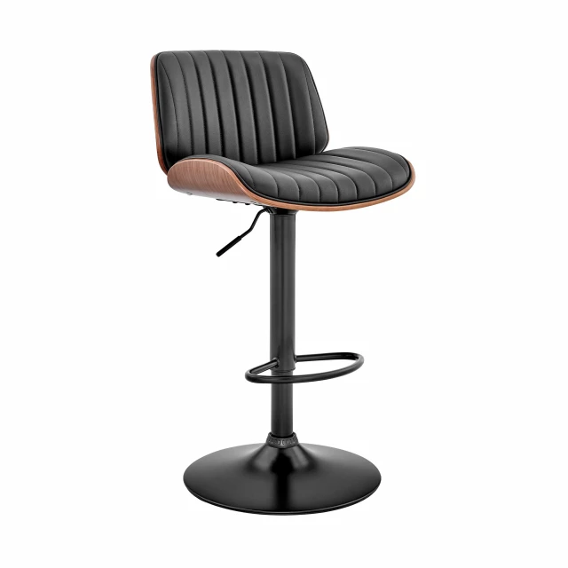 Iron swivel adjustable height bar chair with armrests and wood accents