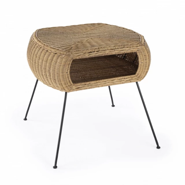 Brown rattan black end table shelf with wicker rectangle stool and natural material design suitable for outdoor furniture