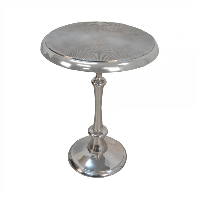 Aluminum metal textured round end table with balance design and home accessory elements