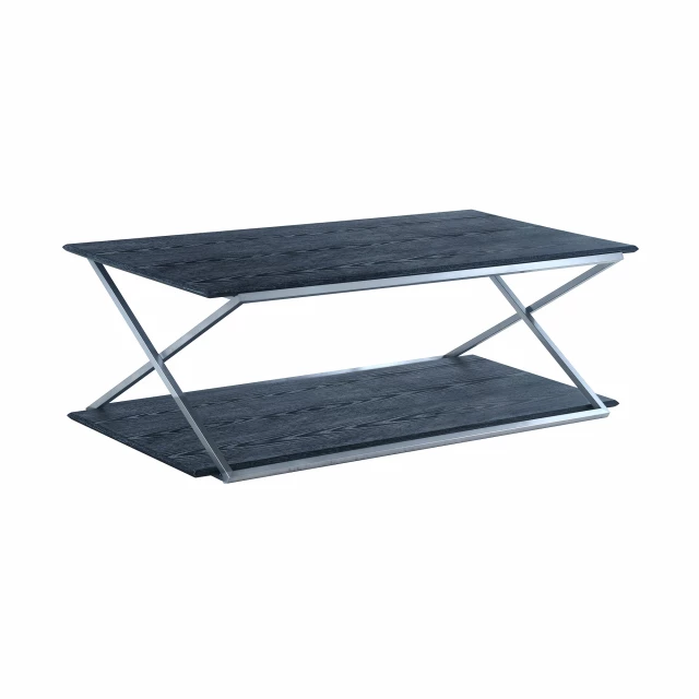 Silver stainless steel coffee table shelf in a modern outdoor setting