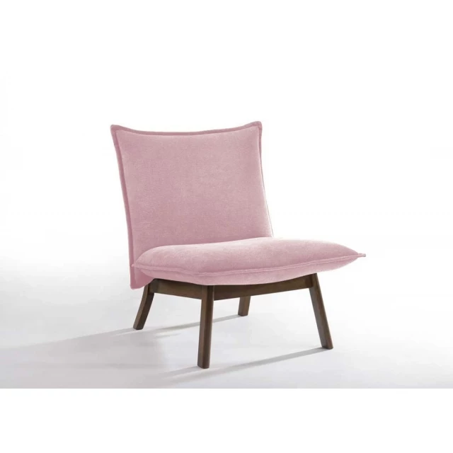 Pink low profile armless accent chair with comfortable wood rectangle design and hardwood flooring