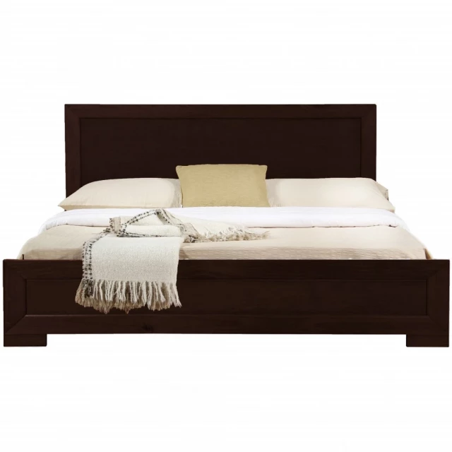Espresso wood queen platform bed in a modern bedroom setting