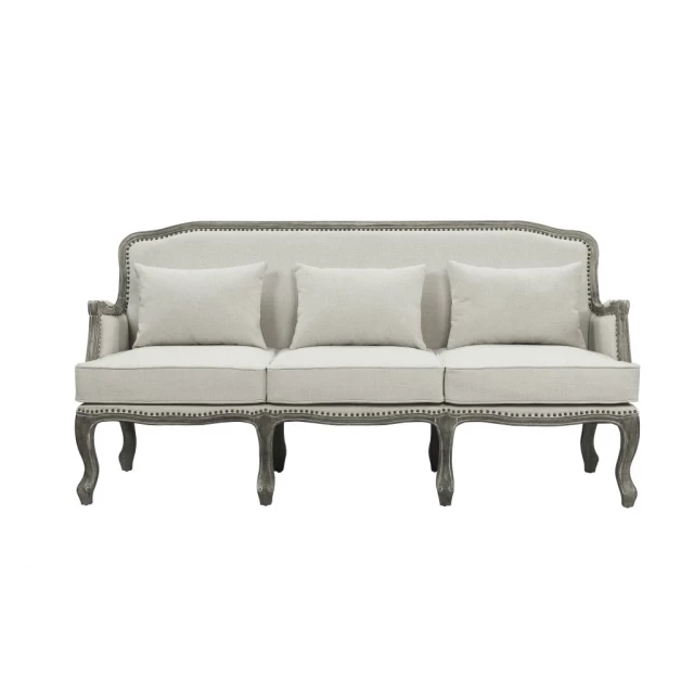 Cream linen brown sofa in a modern style with comfortable cushions and elegant design