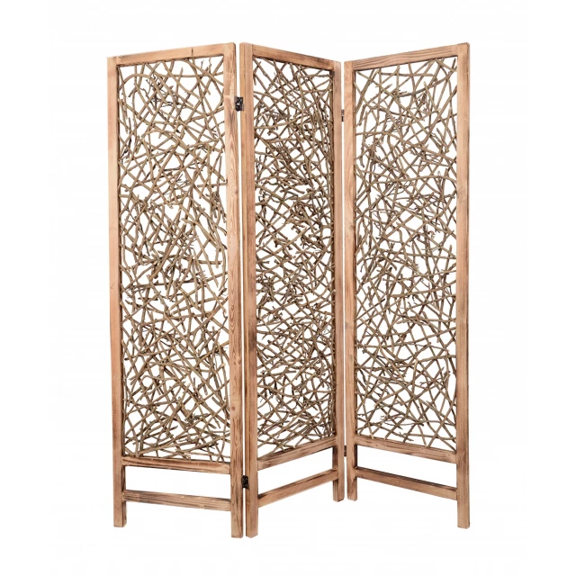 Brown panel wood foldable screen with artistic hardwood shelving design