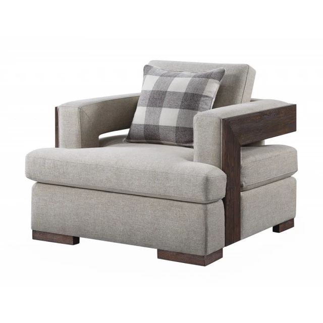 Light gray fabric walnut arm chair with comfortable rectangle cushion and wooden armrests