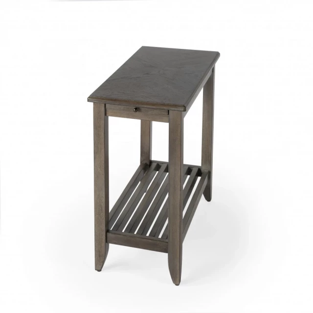 Brown gray rectangular end table with shelf for outdoor or indoor use