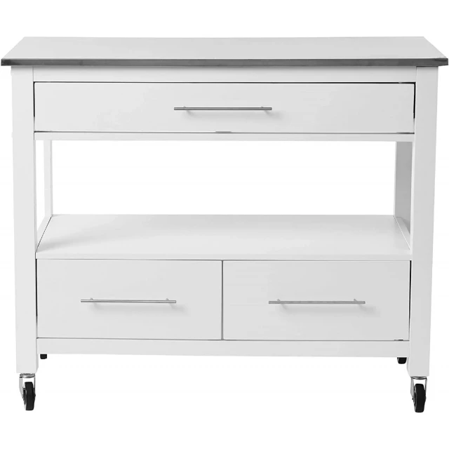 Rolling kitchen island or bar cart with cabinetry drawers and kitchen appliance storage