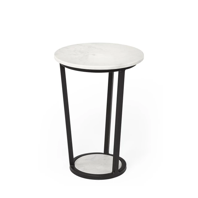 Marble accent table with black metal frame and modern furniture design