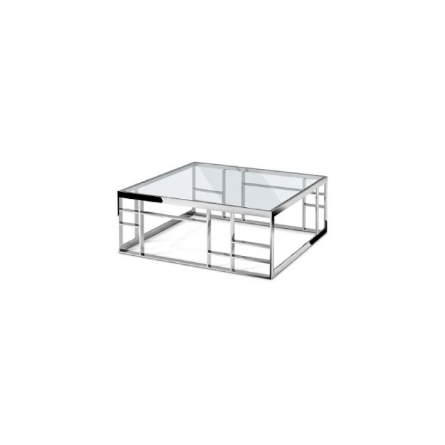Silver clear glass square coffee table with metal shelf and transparent shelving