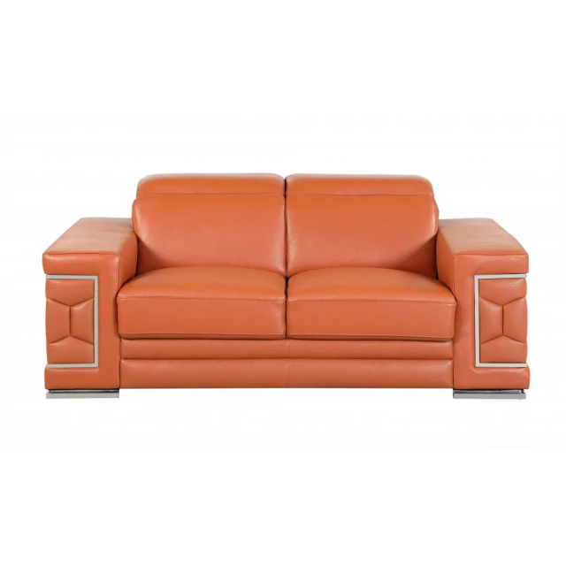 Camel silver genuine leather love seat with brown wood accents in a comfortable studio couch design