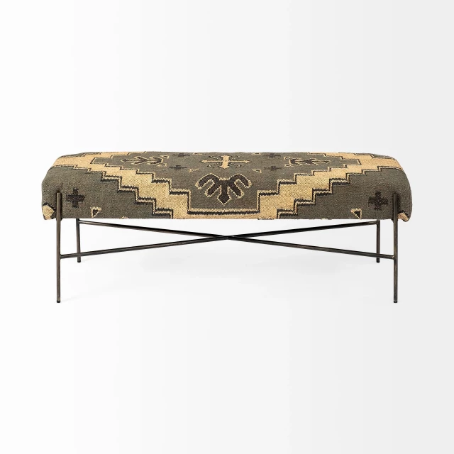 Black upholstered cotton blend abstract bench furniture with wooden legs