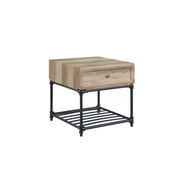 Metal square end table with drawer and shelf against wood and metal backdrop