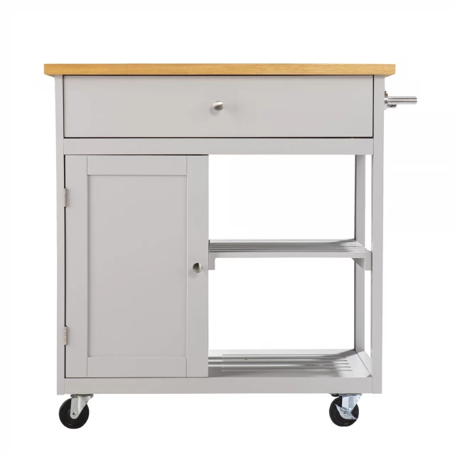 Gray natural rolling kitchen island with storage drawers and cabinetry