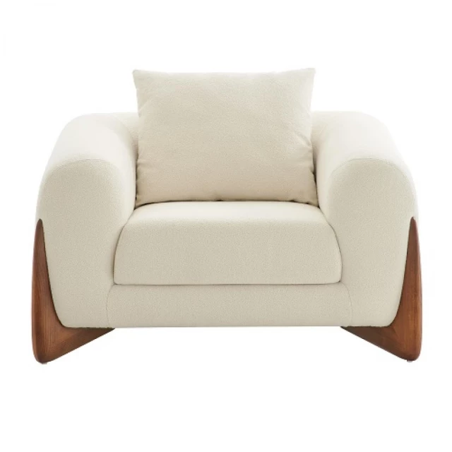 Cream wood brown sherpa arm chair with comfortable beige cushion and rectangle studio couch design