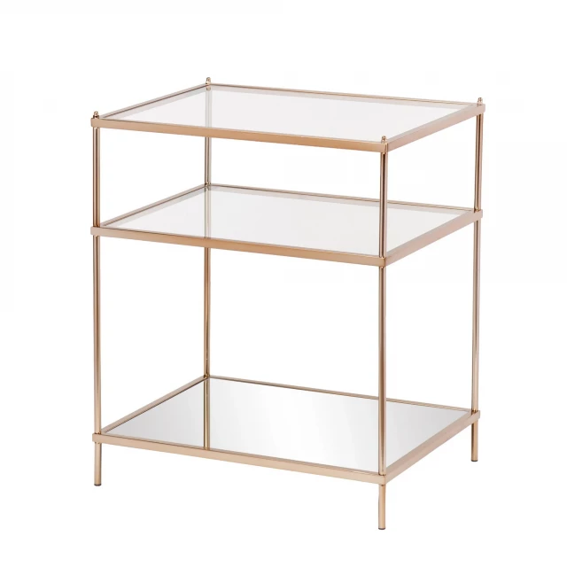 Iron square mirrored end table with shelving in hardwood finish