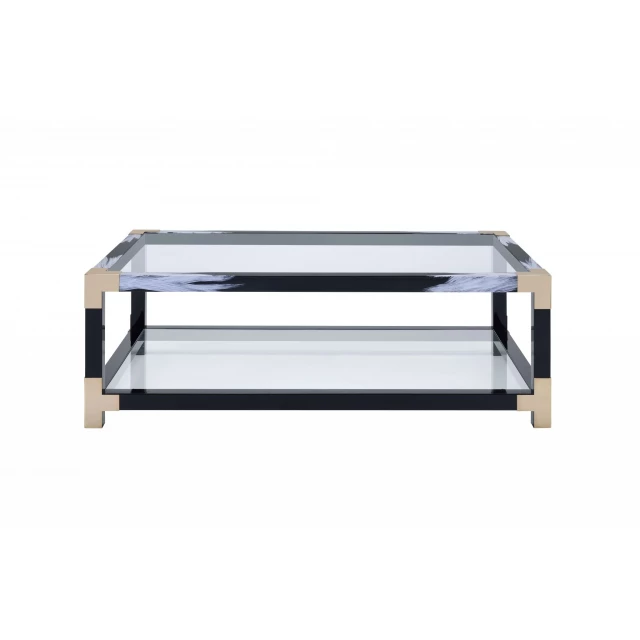 Gold glass iron coffee table shelf with wood accents and rectangle shape