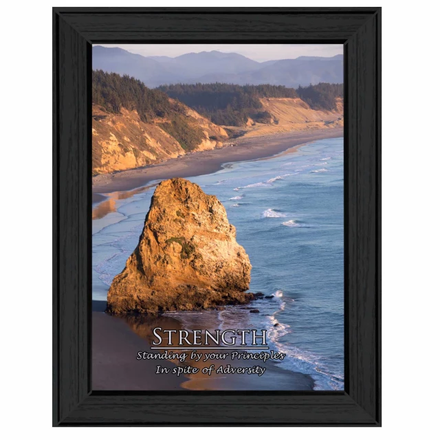 Strength black framed print featuring natural landscape with mountains and body of water