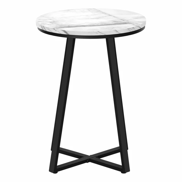 White faux marble round end table with metal base and modern home accessory design