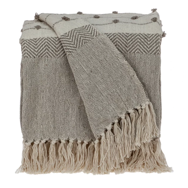 Tufted beige fringed woven handloom throw showcasing a creative arts woolen pattern in rectangle shape