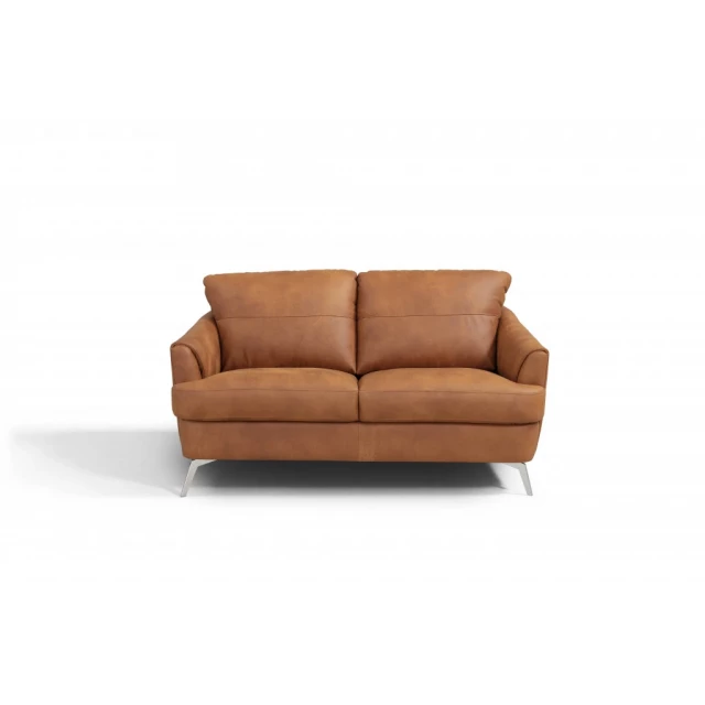 Camel leather black love seat with comfortable brown rectangle cushion and natural wood material