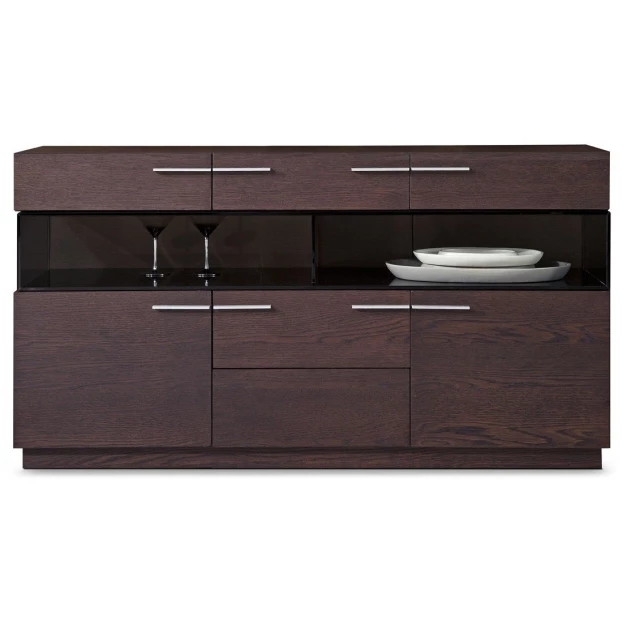 Brown veneer glass buffet with wood cabinetry and shelving