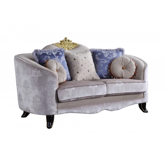 Cream black velvet damask Chesterfield loveseat furniture with wood accents