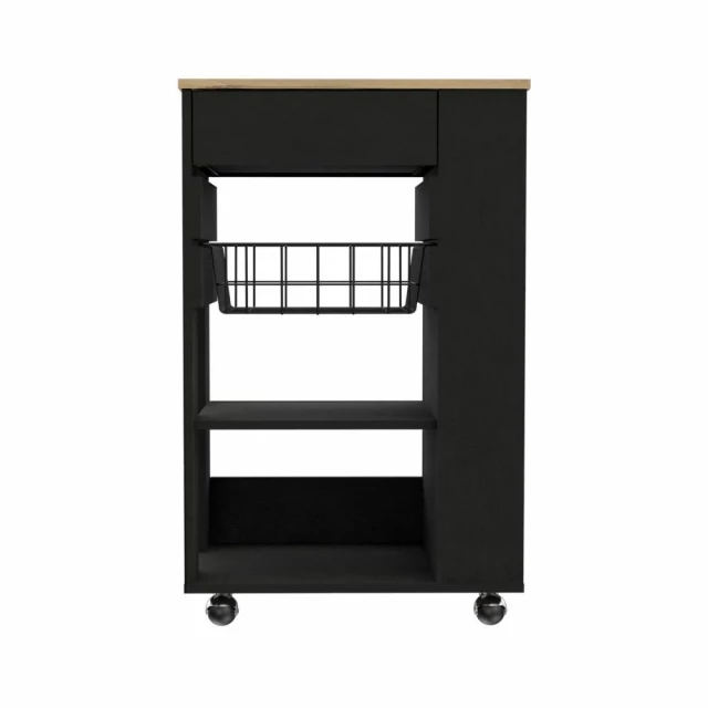 Black light oak portable kitchen cart with shelves and symmetrical design