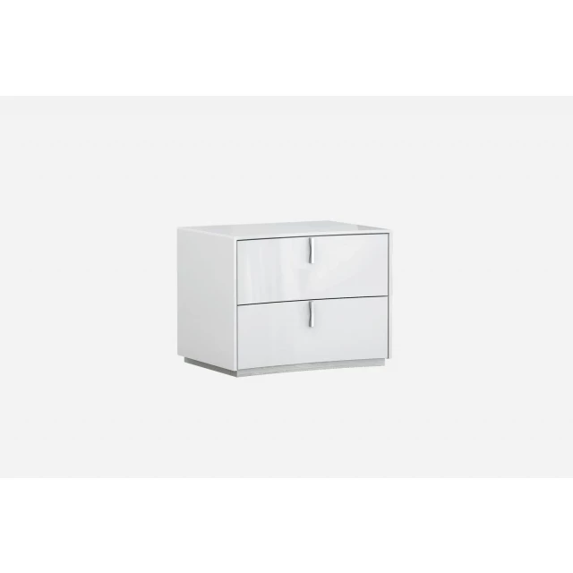 White drawers manufactured wood nightstand with metal handles and rectangular design