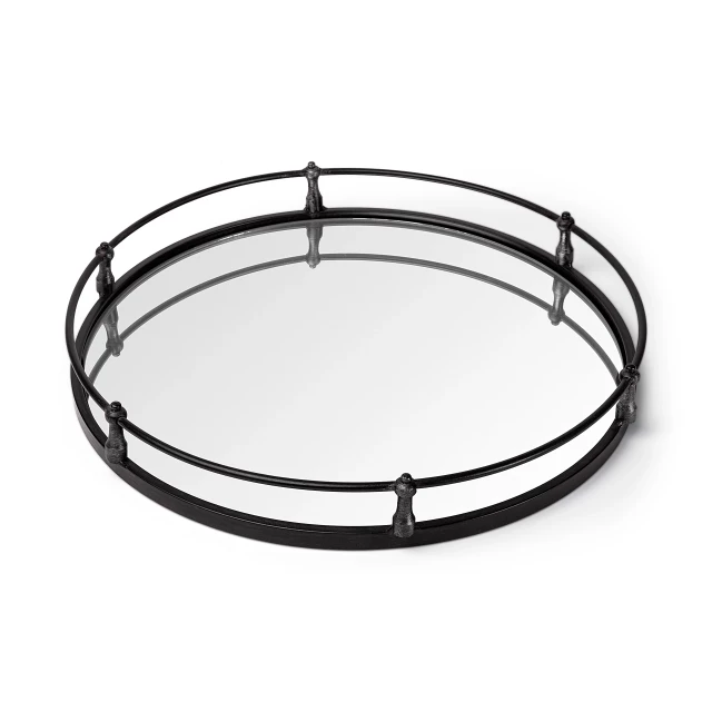 metal mirrored glass bottom round tray with metal rim and circular design