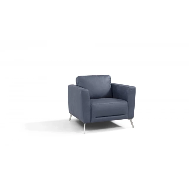 Blue silver genuine leather arm chair with wood armrests and comfortable rectangle studio couch design