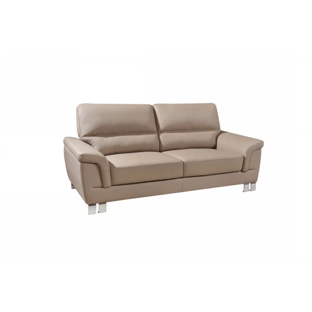 Beige silver faux leather sofa with brown wood armrests in a comfortable rectangle studio couch design