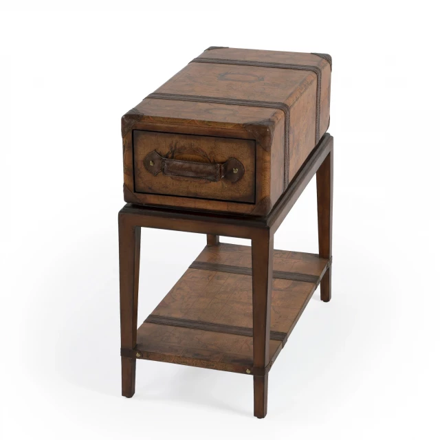 World map end table with drawer and shelf in hardwood with wood stain finish