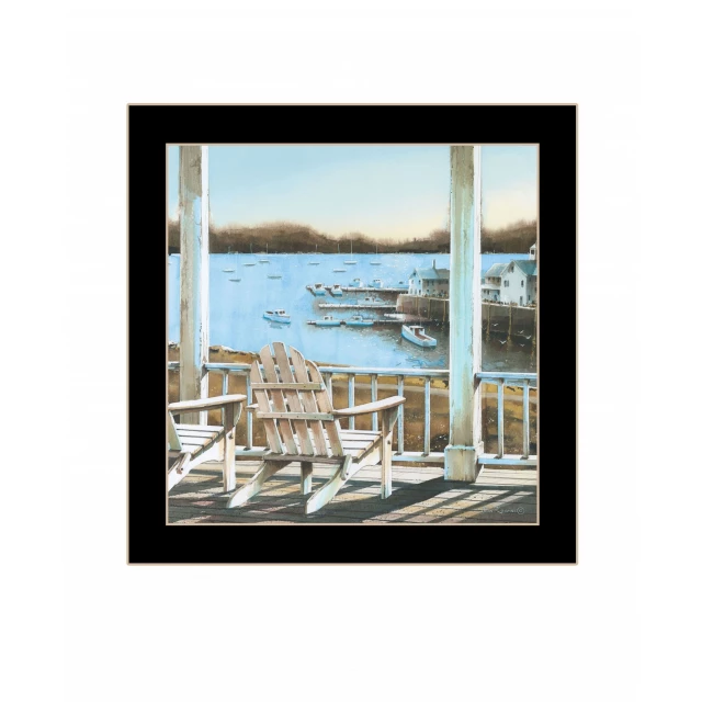 View black framed print wall art of natural landscape with lake and outdoor furniture