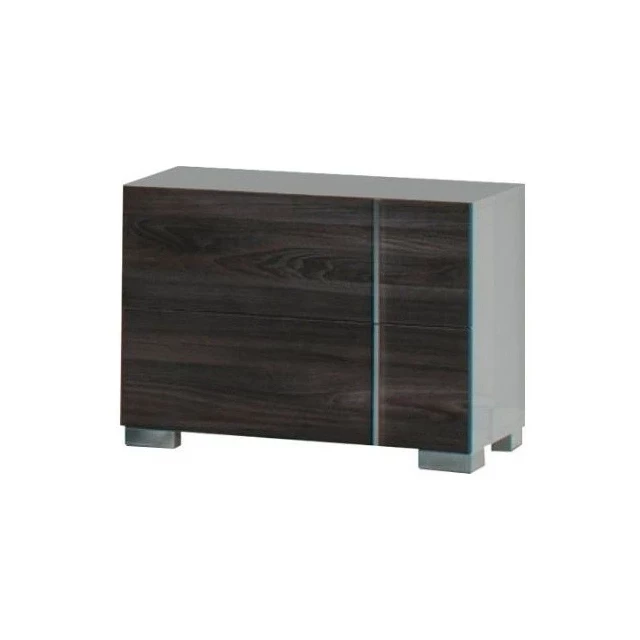 Modern white grey right nightstand with wood hardwood shelving and metal accents