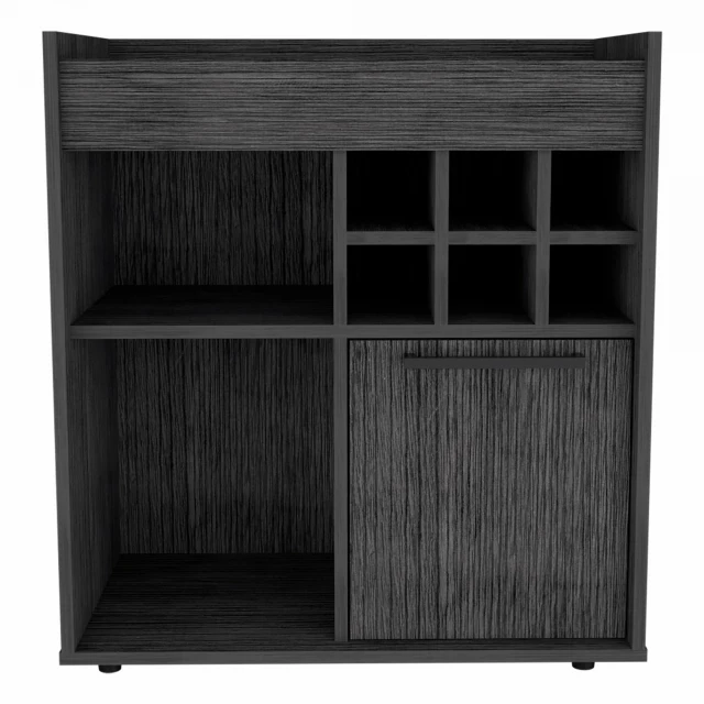 Smokey oak bar cabinet door panel with wood stain and shelving