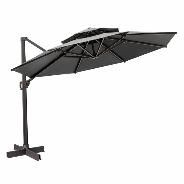 Round tilt cantilever patio umbrella stand providing shade and balance for outdoor recreation