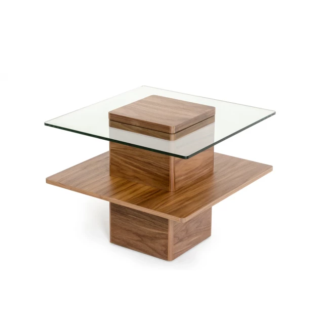 Walnut veneer glass end table with shelving for modern home furniture decor