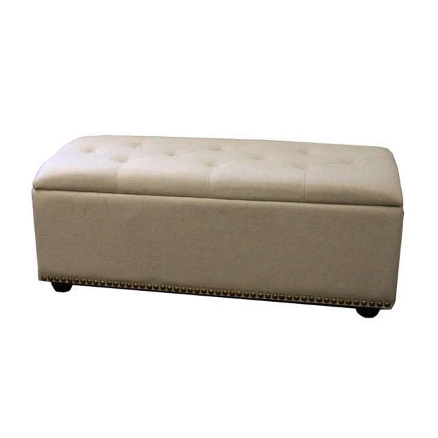 Beige black upholstered microfiber bench with flip-top design and wood accents