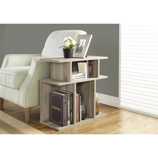 Deep taupe end table with flower decoration on wood shelf in interior design