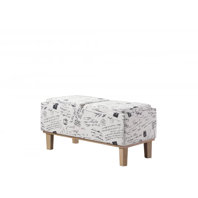 White natural upholstered polyester bench flip with wood accents and metal details for outdoor comfort