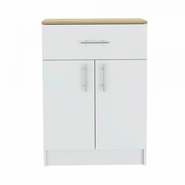 Light oak white pantry cabinet with metal appliances in kitchen setting