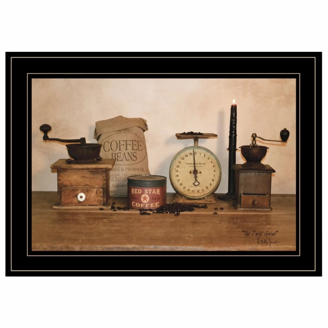 Grind black framed print wall art with brown wood and clock elements