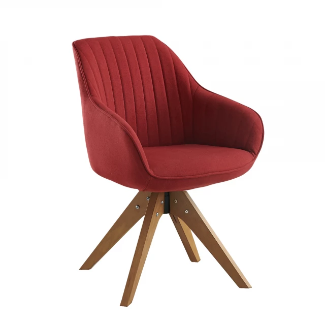 Red fabric swivel armchair with comfortable armrests and wood accents in a natural pattern