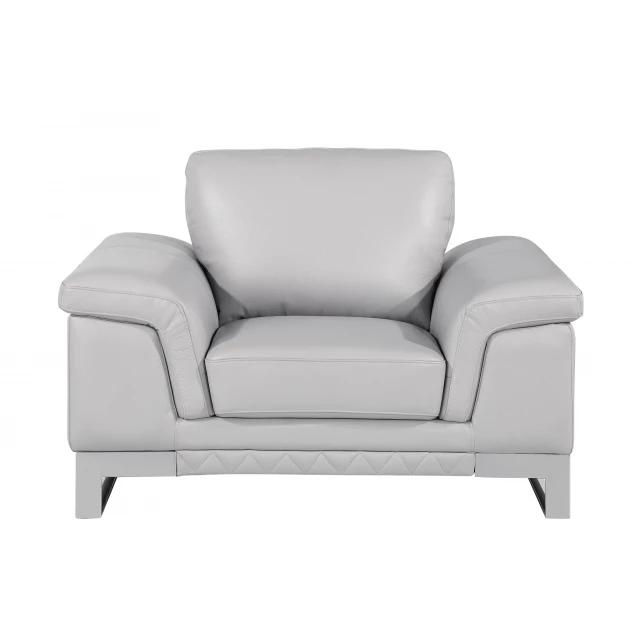 alt=Grey lovely light leather chair with armrests for comfort