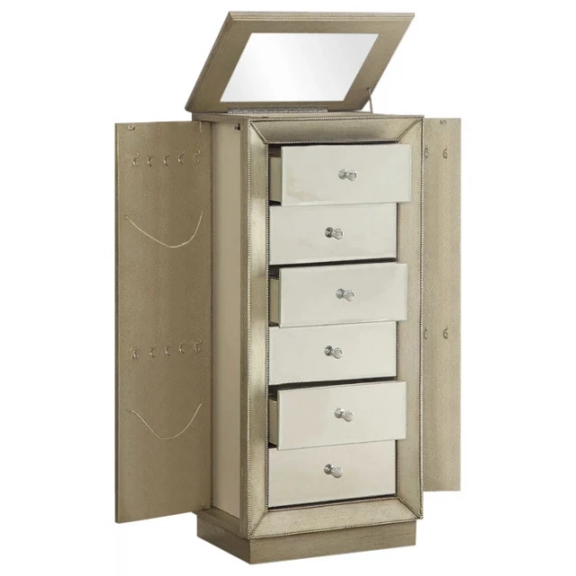 Gold mirrored nightstand with wood dresser and chest of drawers features.