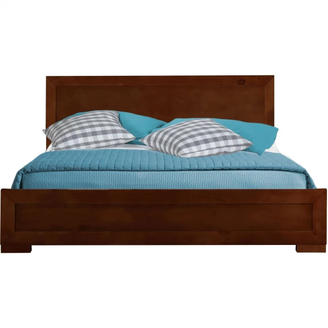 walnut wood full platform bed in minimalist bedroom setting