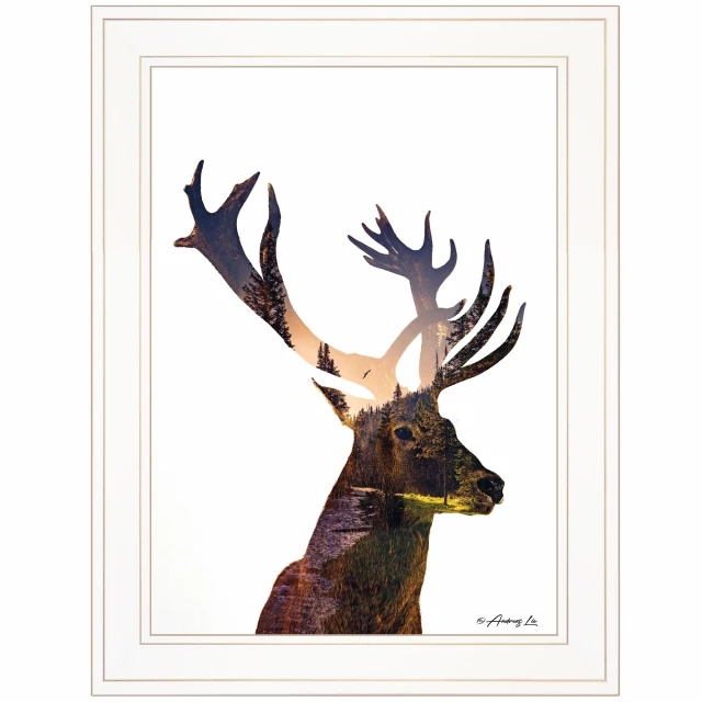Forest white framed print wall art featuring a deer with antlers among natural elements
