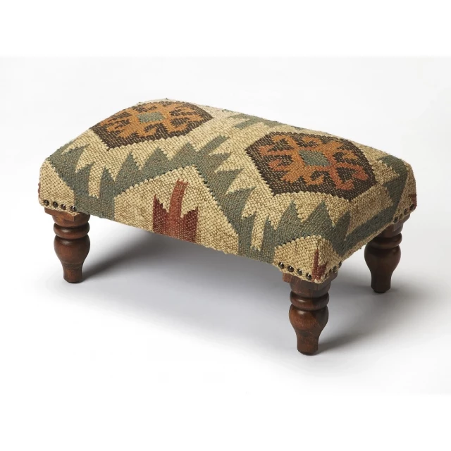 Brown linen cocktail ottoman with wood and wool pattern details