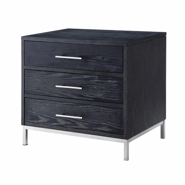Metallic black veneer end table with drawers and metal accents in a modern design